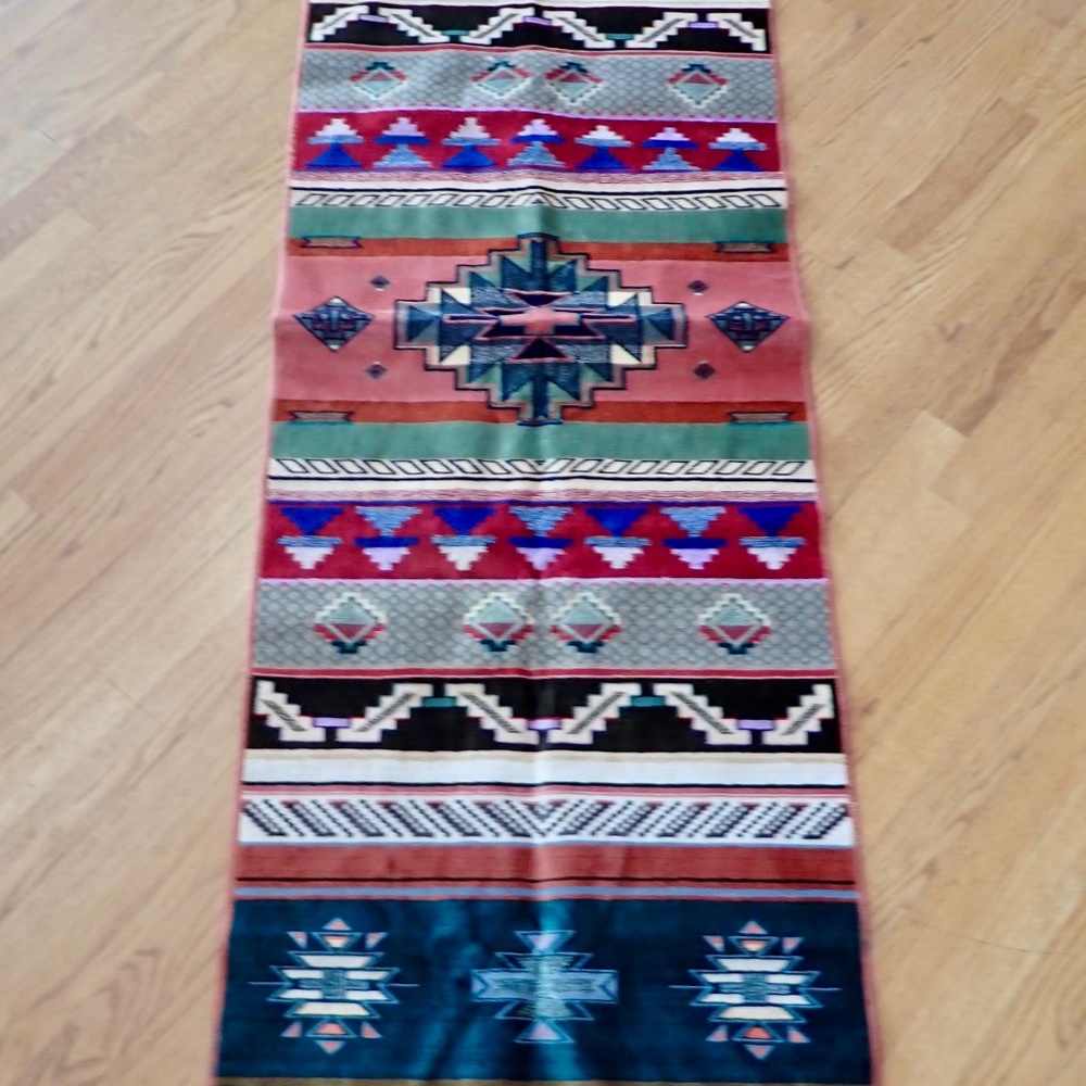 Native American Southwestern Artisans Woven Rug Green Red Clay 77” x 24” Fringed